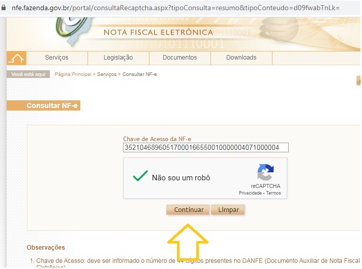 clique no botao continuar para consultar a NFe